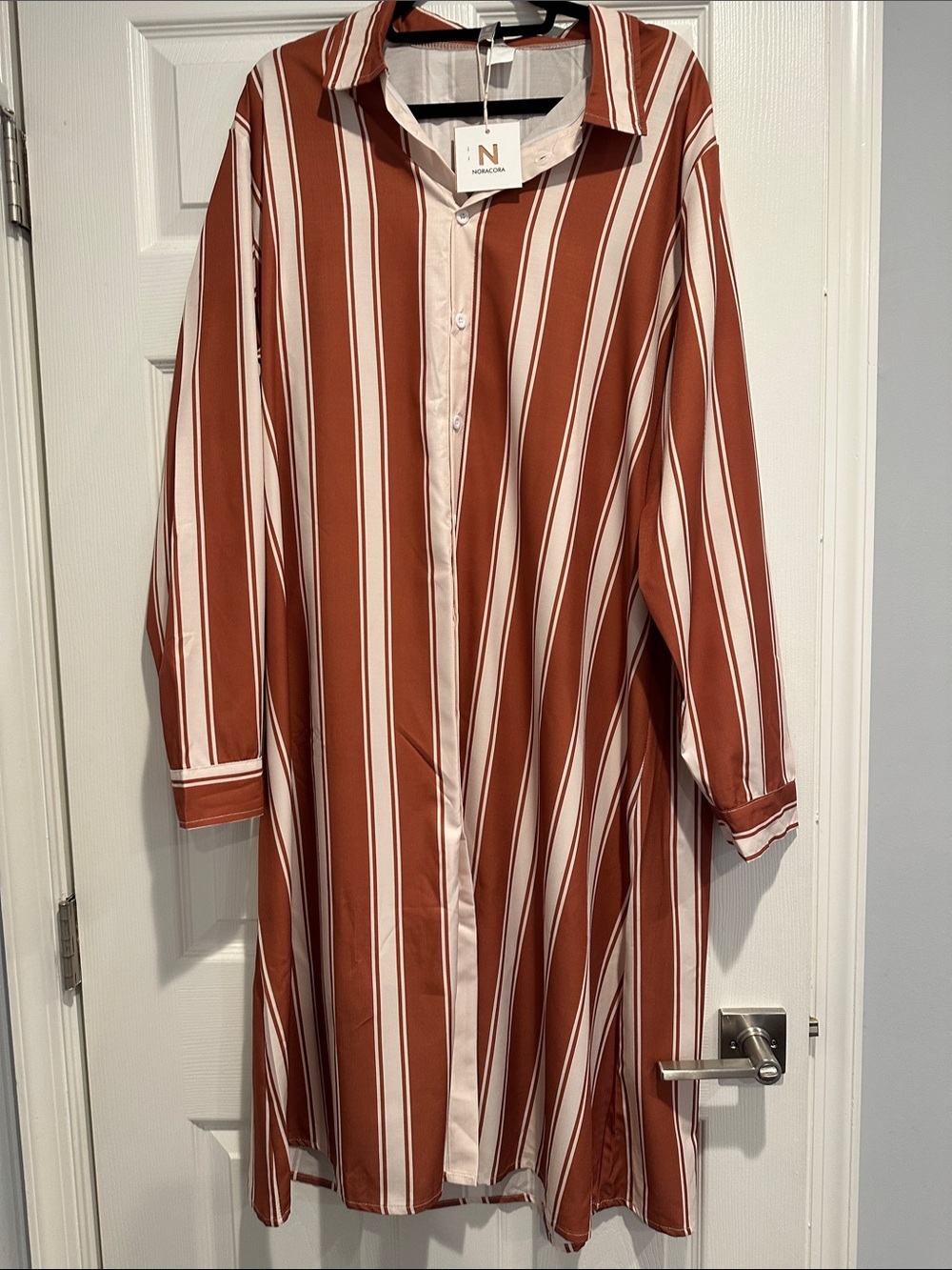 Striped Long Button-Down Shirt Dress in Rust and White PIT TO PIT 26
